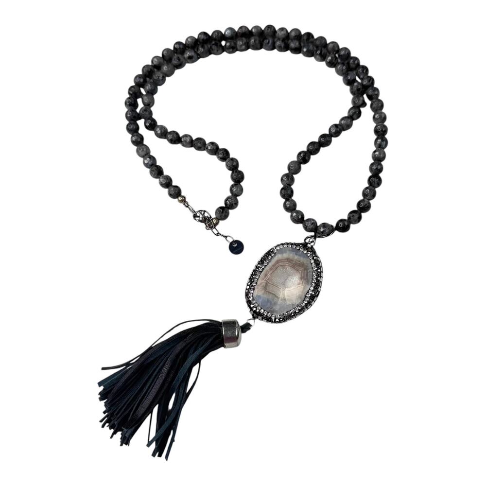 Emmis Gemstone Necklace Agate Geode Quartz Druzy Beaded Leather Fringe Jewelry